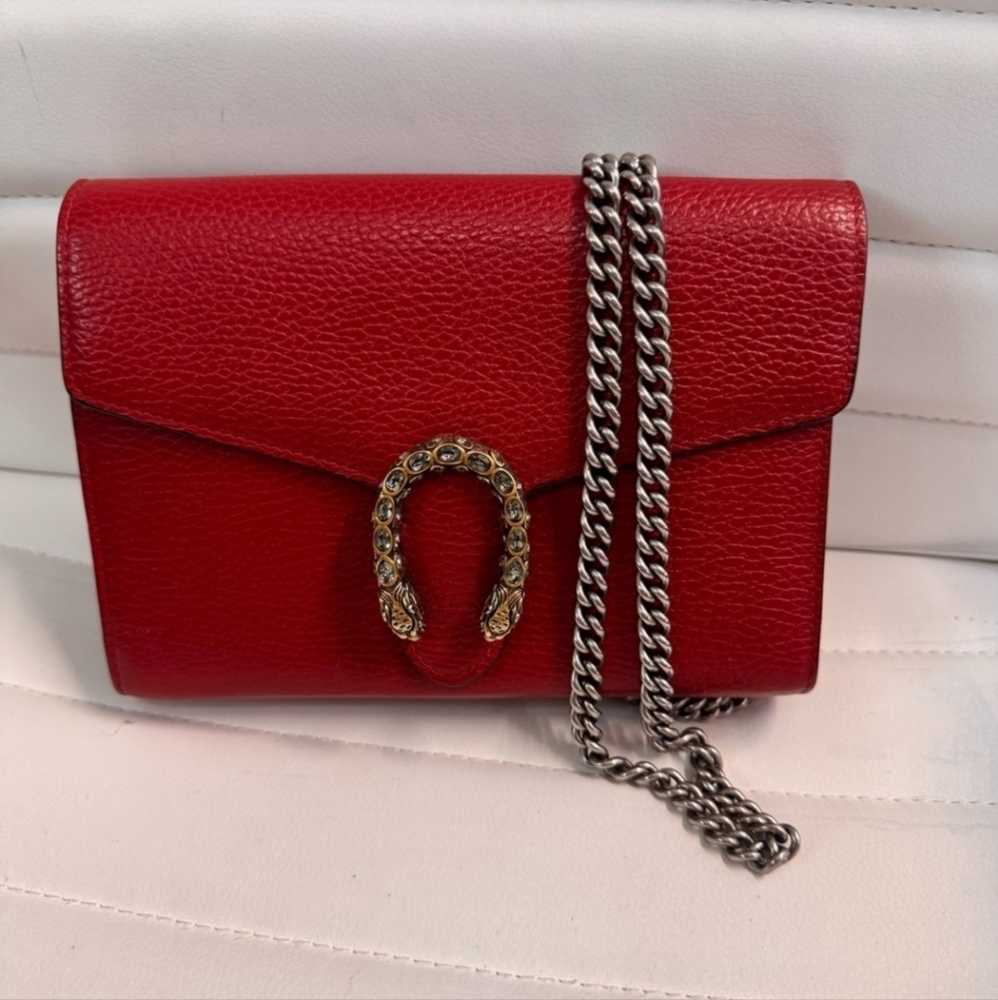 Gucci Calfskin Mini Dionysus Chain Wallet Hibiscus Red